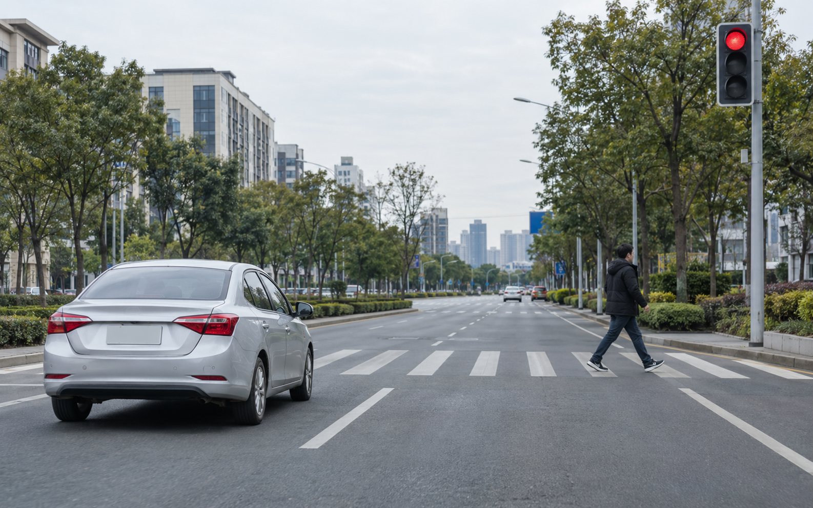 演示用街景:近处一辆银色轿车、斑马线上的行人与红色信号灯